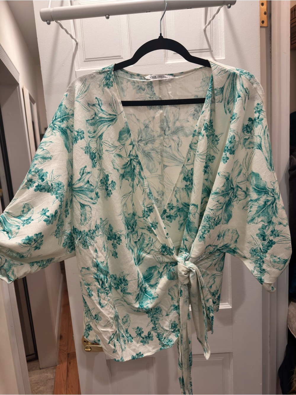 Zara Green & White Floral Linen-Blend Wrap Blouse | Kimono Sleeve Tie Top